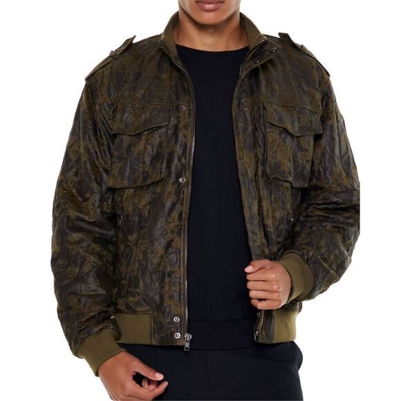 Forever 21 Men’s Washed Faux Leather Bomber Jacket Green Medium Nwot - Picture 1 of 7